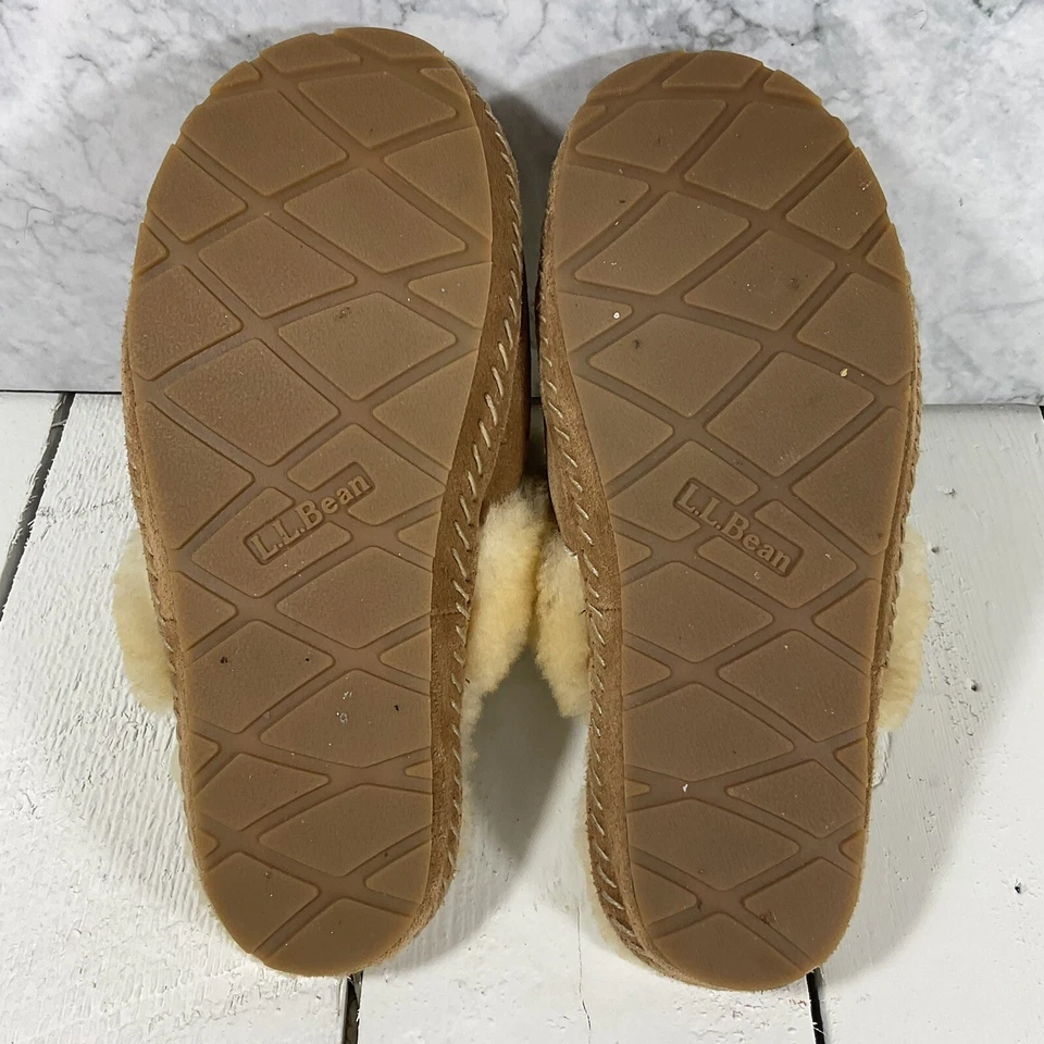 "Zapatos de casa de felpa LL Bean de colección zapatillas de cuero tostado suelas de goma 10,5""" Foto 2 de 4