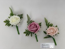  wedding buttonholes rose flower bouquets ivory purple groom fern single man