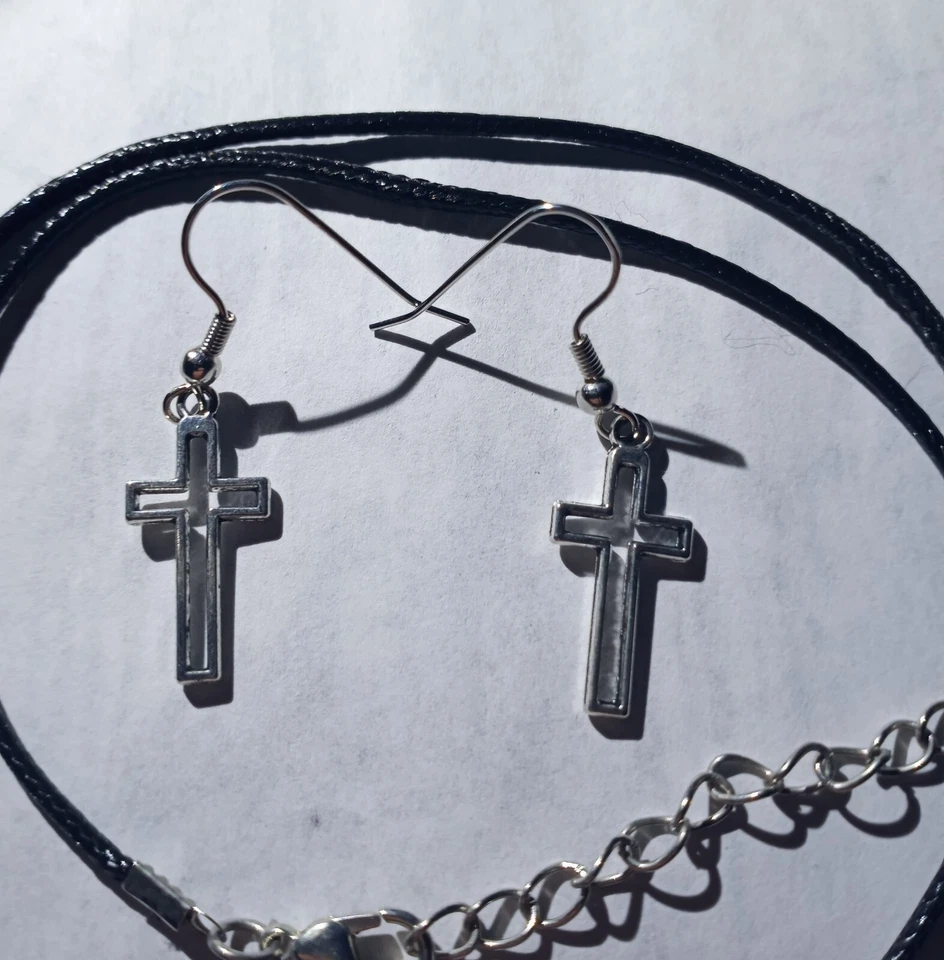 KEY CROSS LEATHER NECKLACE CROSS HOOK  EARRING 2 PC SET - Image 4 of 4