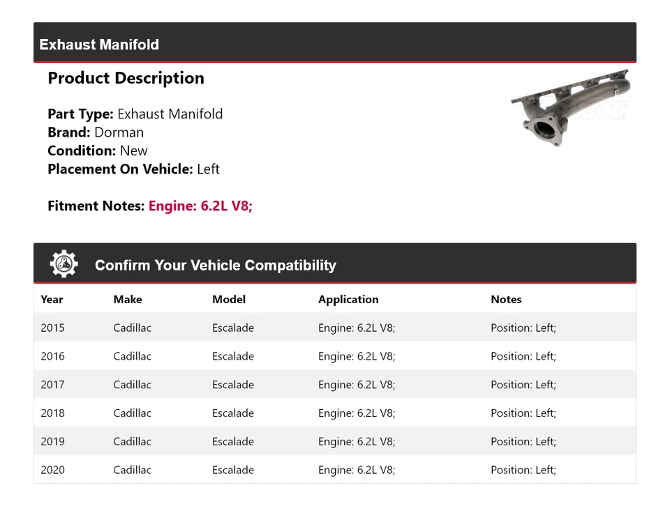 For 2015-2020 Cadillac Escalade 6.2L V8 Dorman Exhaust Manifold Left 2016 2017 - Image 2 of 4