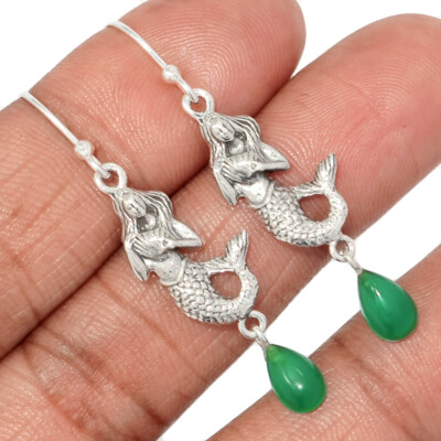 Meerjungfrau - grüner Onyx 925 Sterling Silber Ohrringe Schmuck CE43882