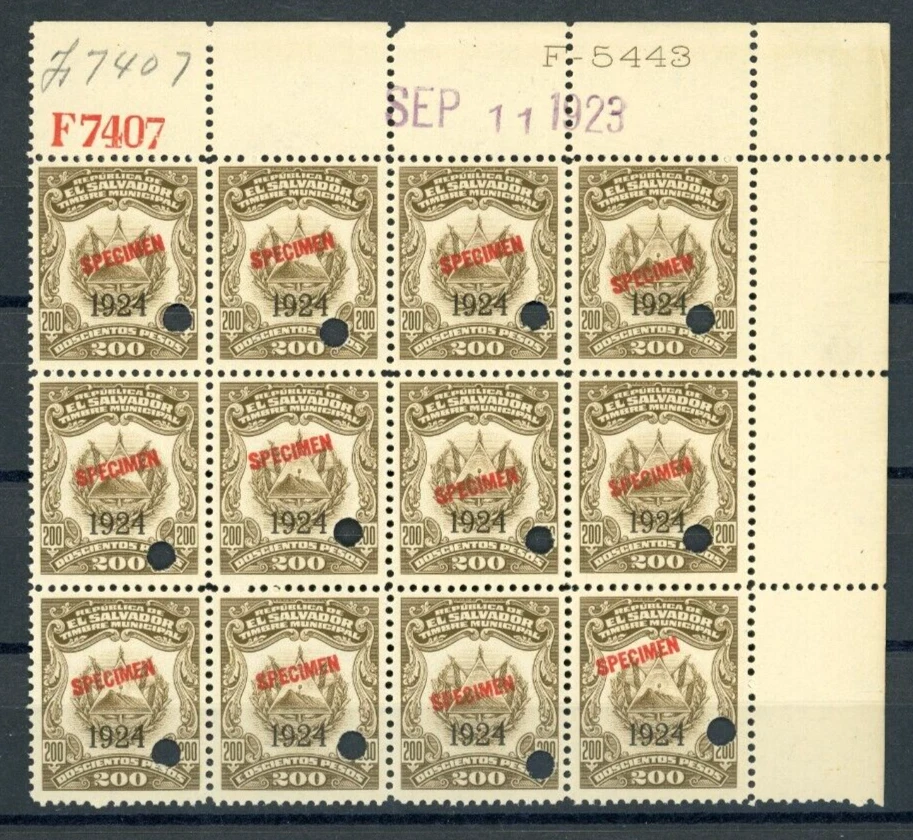 EL SALVADOR Revenue 200p ABNCo *F7407* SPECIMEN 1923 Corner Block{12} MNH ZU38 - Image 3 of 4