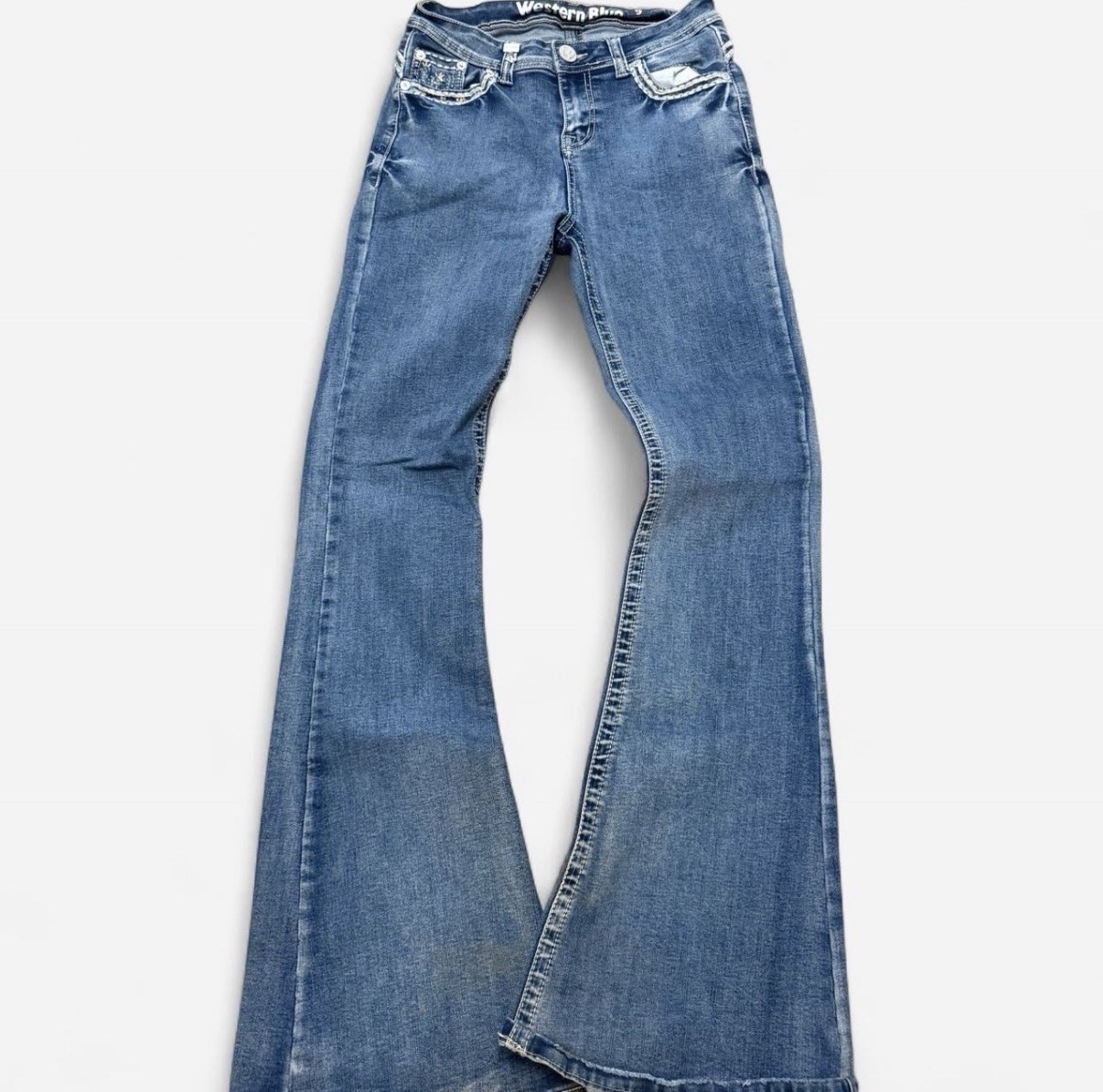 Western Blue Flared Women’s Floral Embroidery  Jeans Vintage