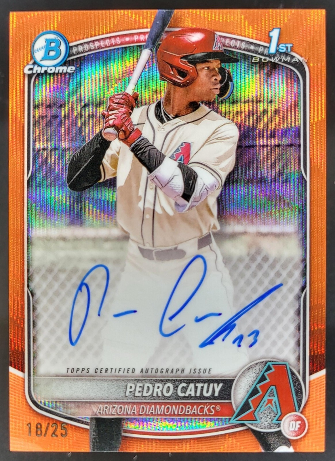 2025 Bowman Chrome Pedro Catuy Auto Orange Wave Refractor /25 1st Prospect NS6