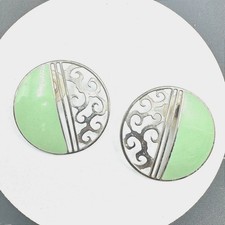 Vintage Round Mint Green Enamel Silver Tone Filigree Statement Earrings