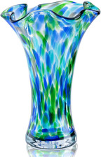 Hand Blown Glass Vase for Flowers, 9" Unique Murano Style Art Glass Vase, Wide