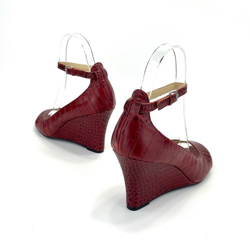 Farylrobin/Anthropologie D'Orsay Wedge Sandal Sz 7 Red Leather Embossed Open-Toe - Picture 14 of 16