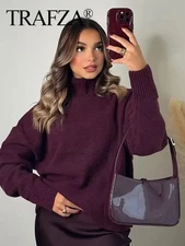 Ladies Burgundy Turtleneck Pullover Sweater Long Sleeve Knit Autumn Outerwear
