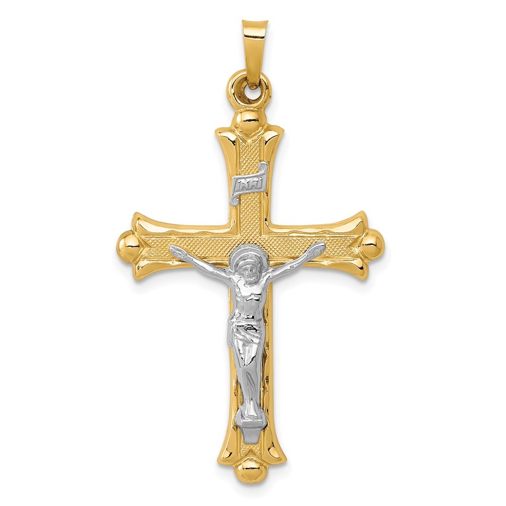14K Two-tone Gold Textured and Polished INRI Crucifix Pendant L-1.58 Inch 1.52gm