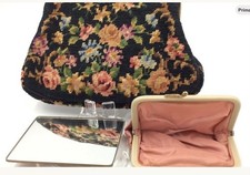 Vintage Petit Point Needlepoint Floral Evening Bag Purse Mirror Comb Coin Purse