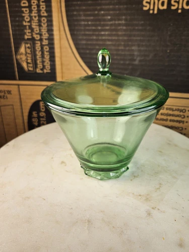 Fostoria 2430 Diadem Green Uranium Glass Covered Candy Dish 1930's Depression