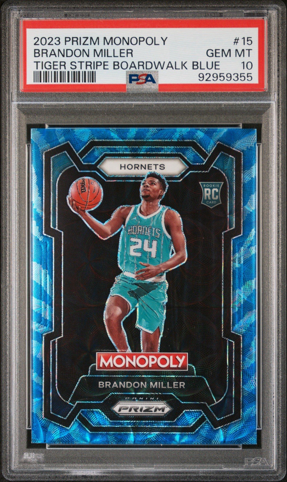 2023-24 Prizm Monopoly Brandon Miller Boardwalk Blue Tiger Stripe PSA 10 POP 3