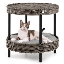 2-tier Rattan Cat Nest Wicker Kitten House w/ Removable Padded Cushion for Home