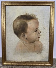 Öl auf Leinwand Signiert POIRIER 1949 Porträt Eines Babys Kleiner Junge