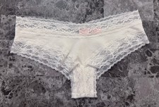 NWD NWT VICTORIA'S SECRET SMALL WHITE FLORAL LACE PINK LOGO RARE CHEEKY PANTIES