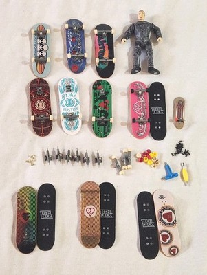 Tech Deck Lot of 11 Boards, Wheels, Trucks, Screws, Nuts, & Tools & Figure