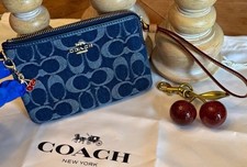 Coach Signature Logo Blue Zip Wristlet Wrist Strap with Cherry Charm