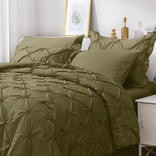 JOLLYVOGUE Olive Green King Size Comforter Sets 7 Pieces, Pintuck Bed in a Ba...