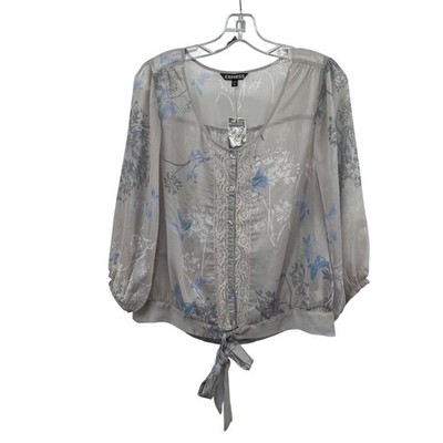 Express Womens Sheer Floral Top V-Neck Gray/Multi Size Medium New