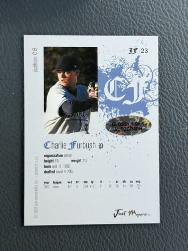 RARE! 2008 Just Minors Blue Glossy Edition 1/1 Charlie Furbush #JF-23 AUTO - Picture 2 of 2