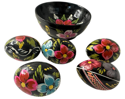 Pysanka Wooden Eggs and Bowl Hand-Painted Decorated Easter Egg Floral Folk Art