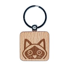 Peeking Siamese Cat Engraved Wood Square Keychain Tag Charm