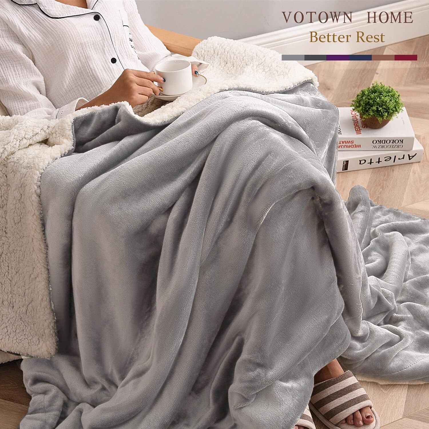 VOTOWN HOME Sherpa Fleece Throw Blanket 150x200 cm Light Grey, Soft Fluffy