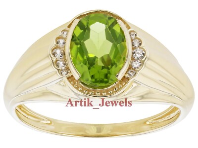 Natural Peridot & CZ Gemstone With 14K Gold Plated Silver Ring For Men's #489