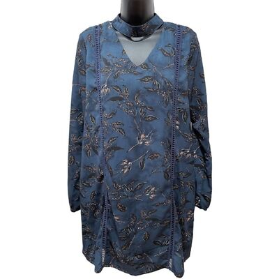 Paper Crane Womens M Dress Floral Print Navy Choker Shift Long Sleeve Zip Back