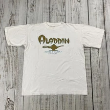 VTG 90S ALADDIN CASINO AND HOTEL LAS VEGAS TOURIST SHIRT METALLIC PRINT WHITE L
