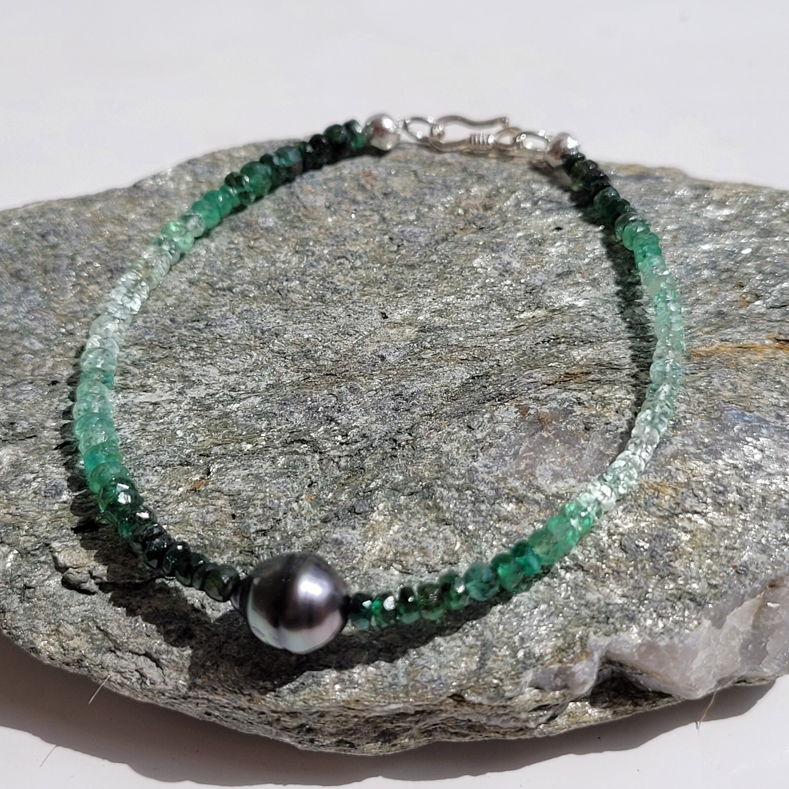Bracelet perle noire de Tahiti émeraude véritable bijoux argent 925 femme