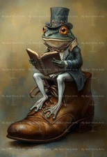 FROG ON SHOE ART PRINT, Victorian Reading Book Poster, Gothic Animal Decor F046