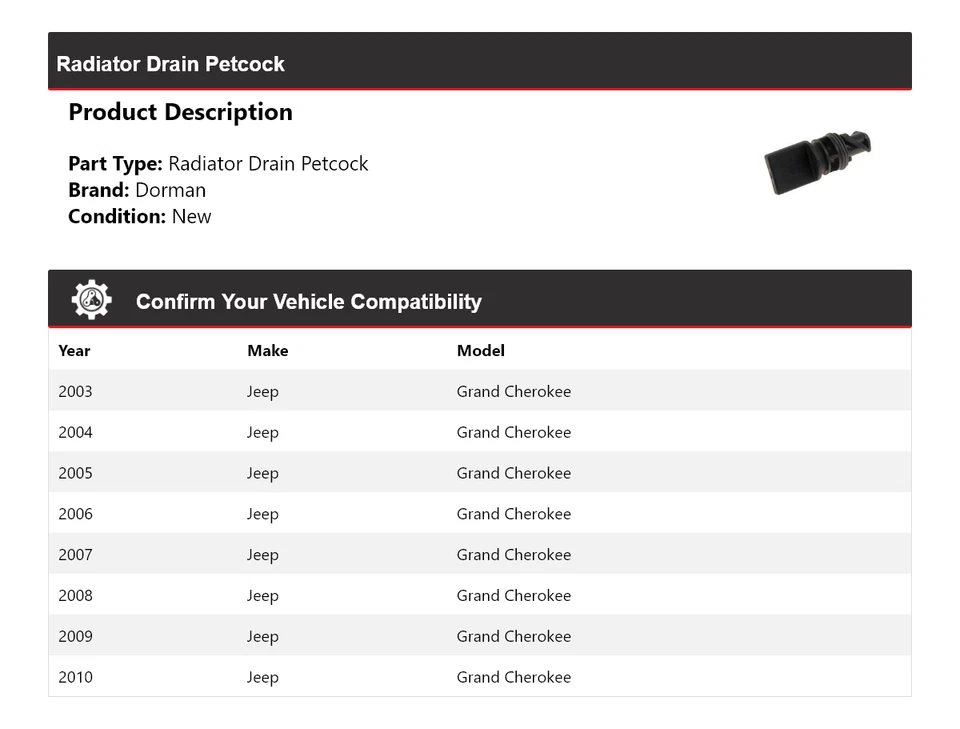 Volante de drenaje de radiador para Jeep Grand Cherokee Dorman 2003-2010 2004 2005 2006 Foto 2 de 4