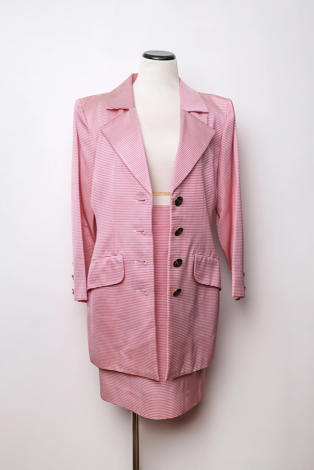 Yves Saint Laurent set tuta gonna giacca righe rosa bianco caldo anni 80 US 10 L