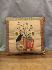 Primative Country Fall Pumpkin Blackbird Sunflower Decorative Pillow 9 x 9 in