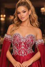 Long Red Satin Beaded Sweetheart Side Slit Off Shoulder Prom Dresses Size 18