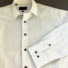 David Donahue Trim Fit Dress Shirt 17.5 36/37 White w/Blue Geo Dots 100% Cotton