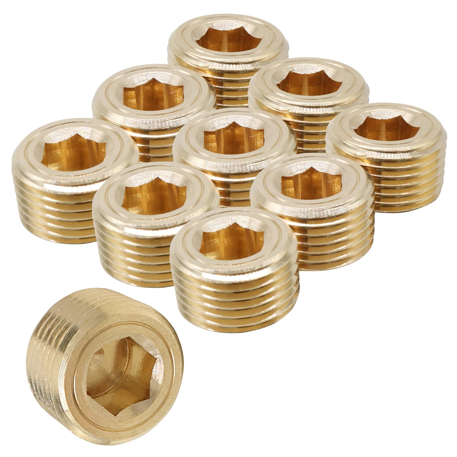 Kyuionty 10 Pcs 3/8" NPT Male Brass Pipe Plug Fitting 3/8 Inch, Gold