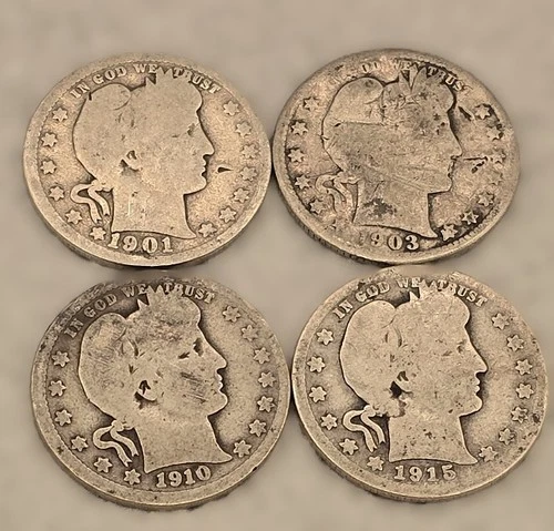 Lot 4 90% Siver Barber Quarters 1901x1 1903x1 1910x1 1915x1 US cions