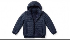 Unisex navy puffer jacket - sherpa fleece lined - hooded winter coat