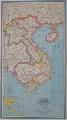 1965 Map VIETNAM LAOS CAMBODIA EASTERN THAILAND Khe Sanh Da Nang Saigon Hanoi