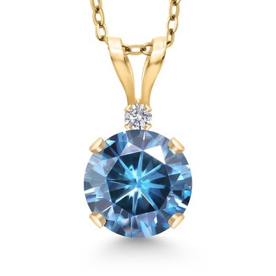 14K Yellow Gold Persian Blue Moissanite and Lab Grown Diamond Pendant Necklace