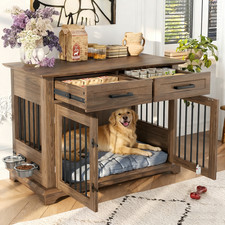 44" Large Dog Crate Wooden Kennel Cage with Drawer Bowls End Table Pet Furniture