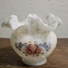 Fenton Hand Painted Glass Vase Floral Heart Ruffle Edge Weave Opalescent Signed