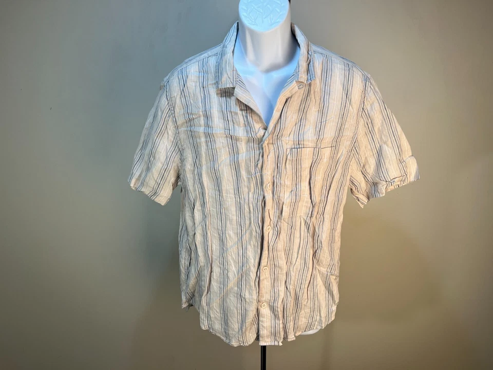 Madewell Men's cream and blue Easy Fit loop collar 100% Linen s/s shirt Medium M - Image 2 of 4