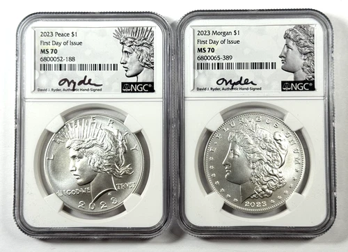 2023 Morgan Peace Silver Dollar 2PC NGC MS70 FIRST DAY OF ISSUE - Ryder Signed