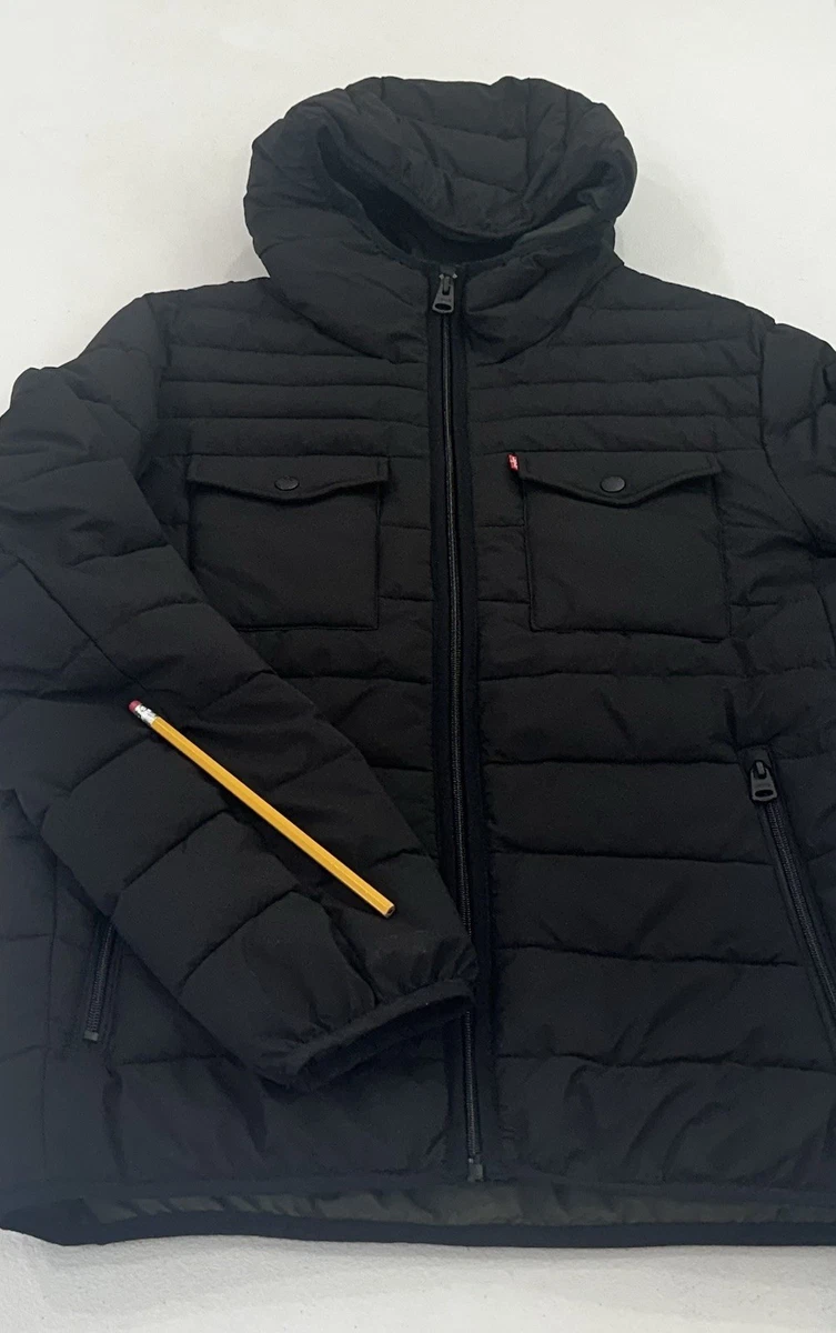 Levi's Men's Full Zip Water Resistant Lightweight Hooded Puffer Jacket, Black, S