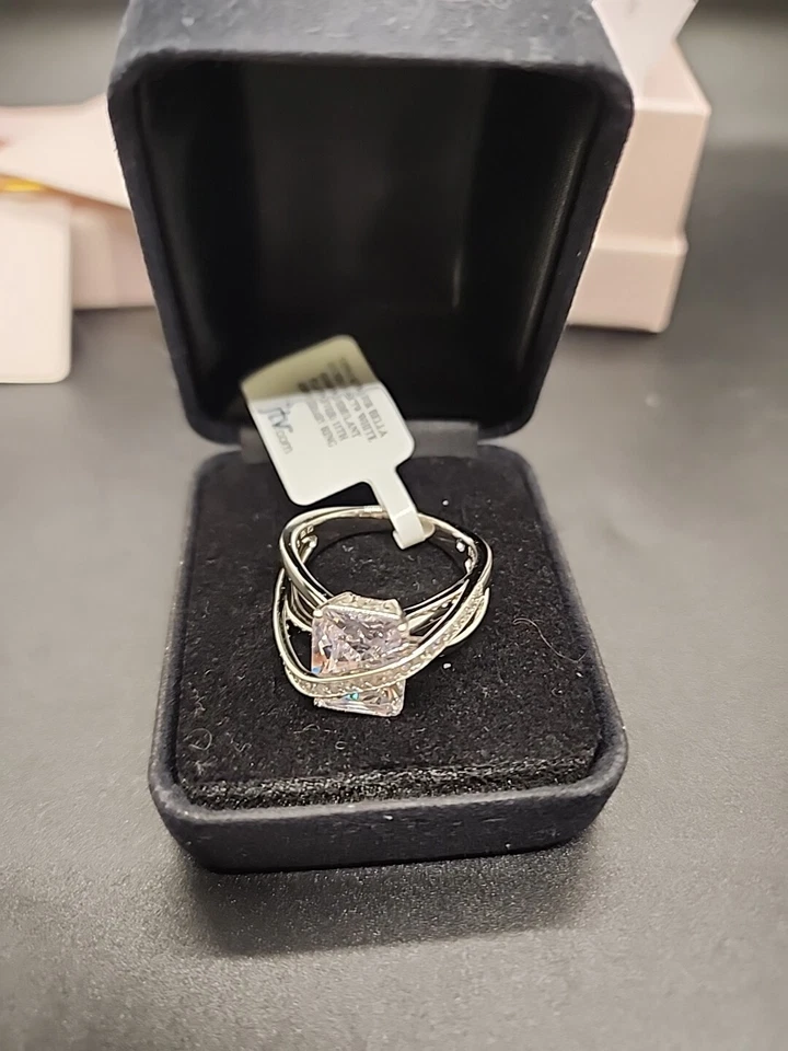 Anillo de vástago dividido 925 enchapado en platino circonita cúbica blanca 11,40 ctw talla 12 JTV Foto 2 de 4