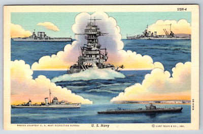 c1940s US Navy Ships Recruiting Bureau Linen Postcard