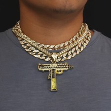 Men's Hip Hop 14k Gold Plated Uzi Gun Pendant Cubic-Zirconia 3 Chains Bundle